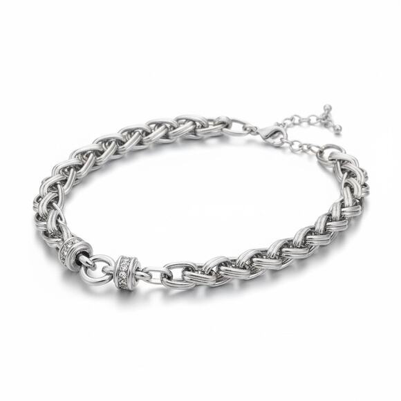 INC Silver Tone Chunky Chain Statement Necklace Crystal Accent Link Collar NWT - Picture 2 of 4